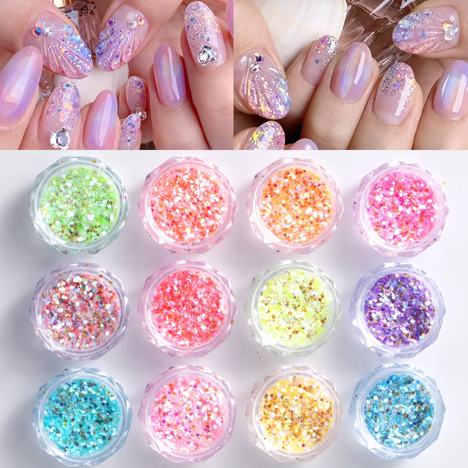 12 pçs sereia iridescente 3d prego glitter pó conjunto de cristal colorido brilhante arte do prego holográfico flocos finos hexágono lantejoulas de
