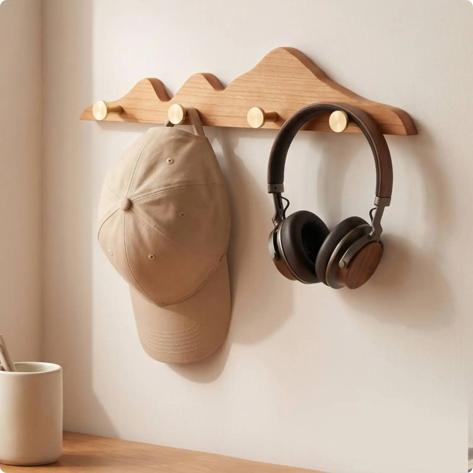 Wooden Wall Hook Rack with Brass Hooks for Coat Hats Bags Entryway Decor Storage