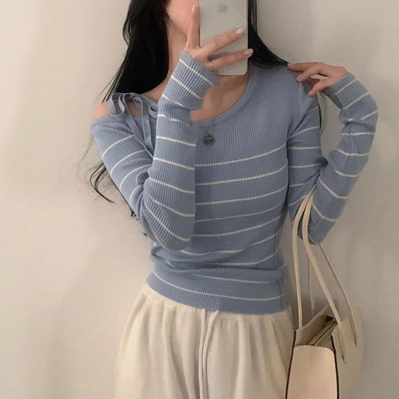 Autumn Winter Women's Casual Sweater Chic Off Shoulder Striped Knitted Top Korean Versatile Sweet Girls Long Sleeve Pullovers