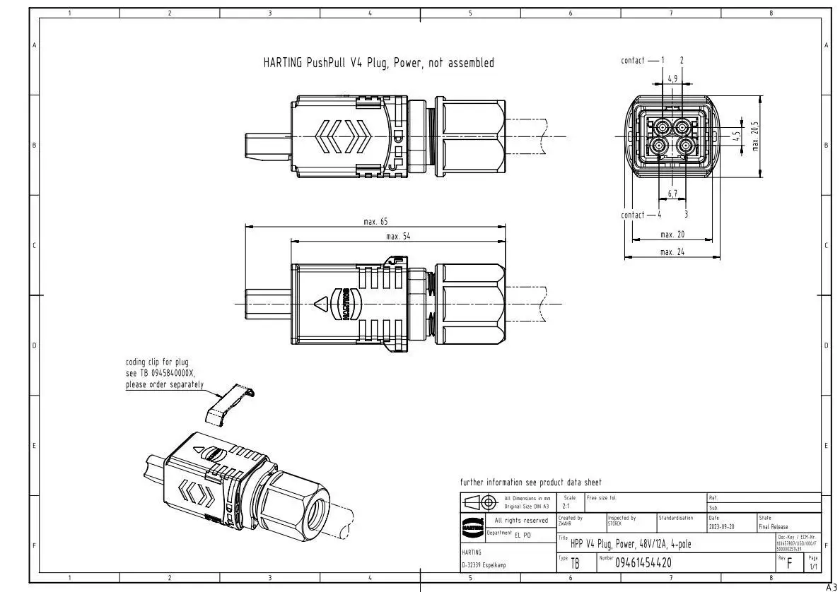 09461454420 HARTING PP V4 2 Pwr 4 Hd ML 1, 5 мм2 crimp term