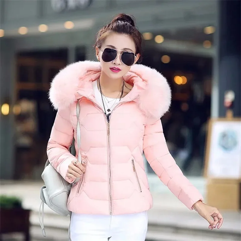 Autumn Winter Women\'s Cotton Jacket Short Section Large Fur Collar Hooded Warm Cotton Clothing Cotton Coat Ladies Cropped Coat