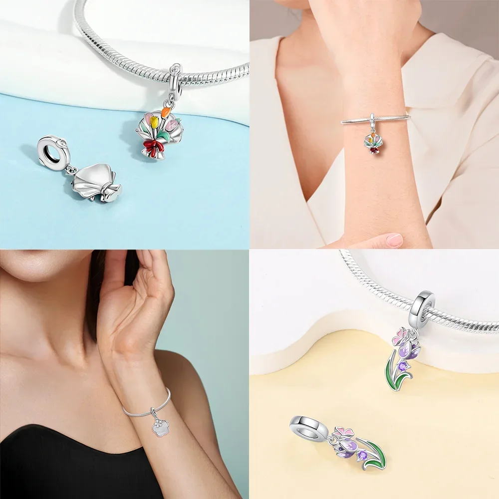 Silver-Plated Purple Floral Dangle Charms Beads Fit Original Bracelets Bag Keychain Charms Beads Pendant Diy Women Jewelry Gift