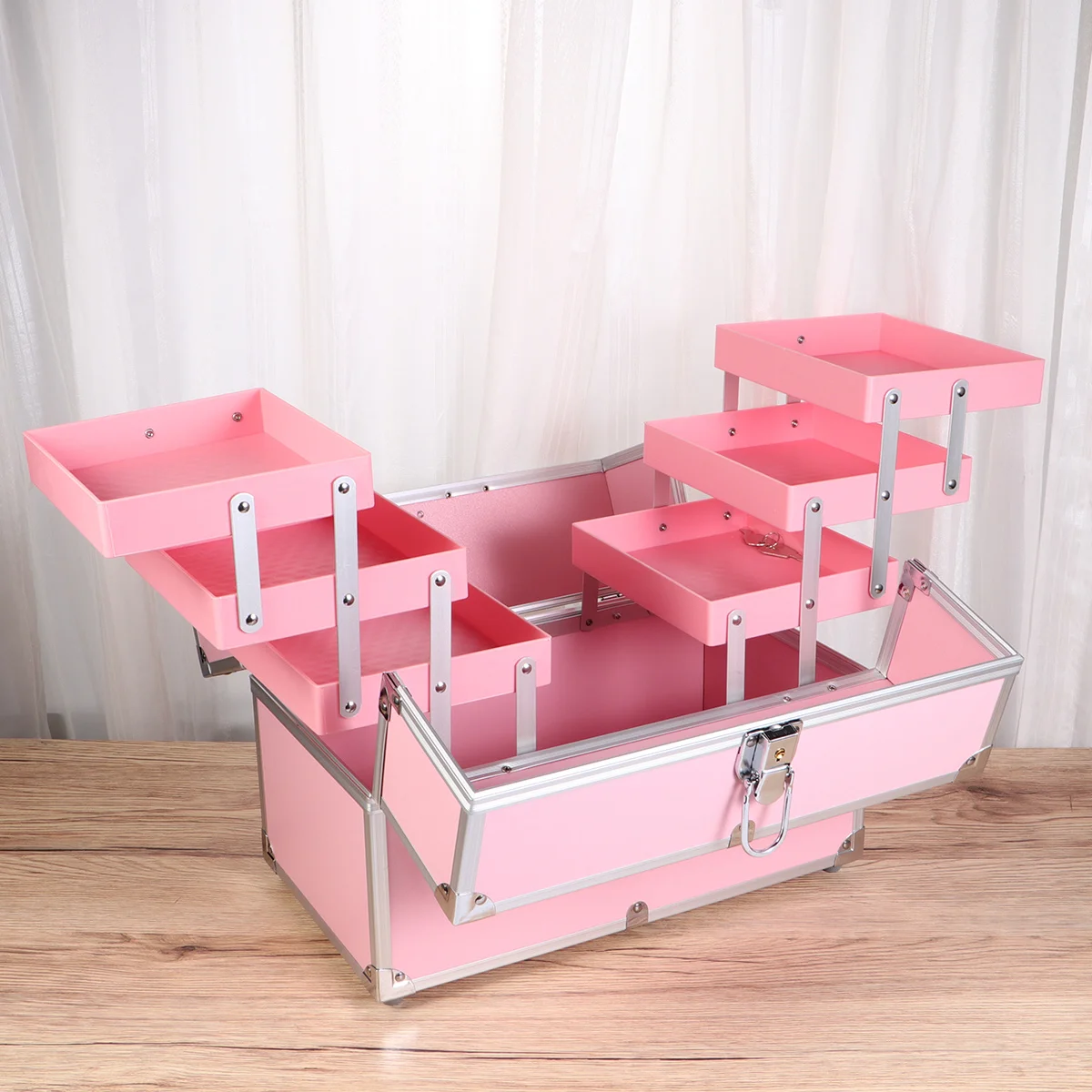 صندوق مستحضرات التجميل المحمول 3 طبقات منظم قطار المكياج وردي متين مقاوم للخدش سعة كبيرة مقصورات السفر المحمولة