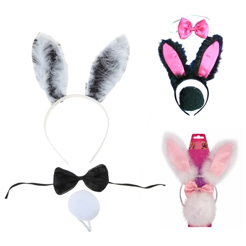 Women  RabbitEar Headband Bowtie Rabbit Tail LolitaStyle Carnivals Party Costume Halloween Party Cosplay Accessories