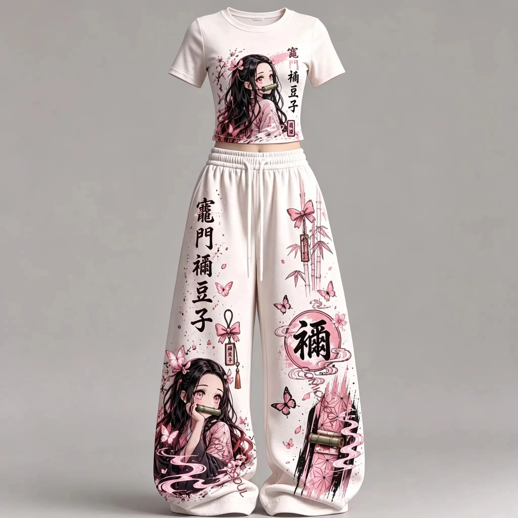 Ghost Slayer Blade Printed Short Sleeve Pants Set Y2K Street Style Casual Sportswear Set Family Clothing