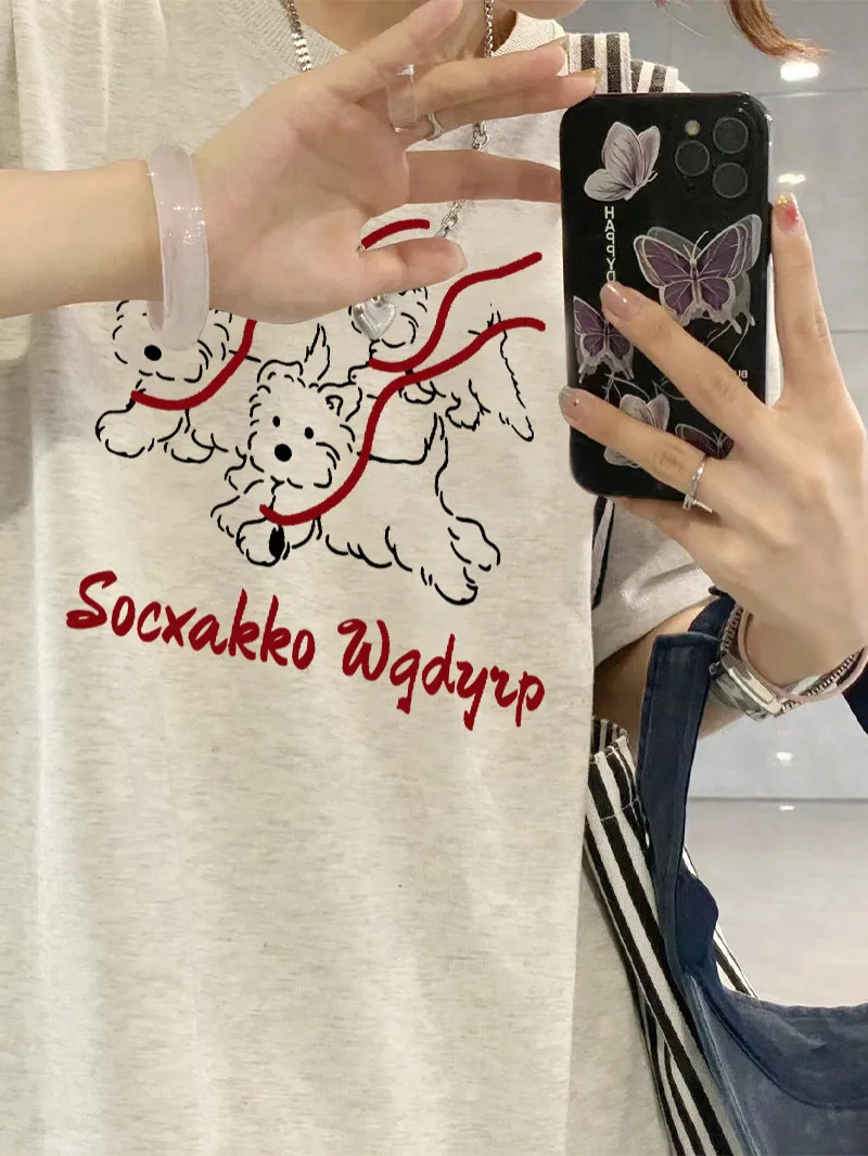 เสื้อยืดผ้าฝ้ายแท้ทรงหลวมพิมพ์ลายสุนัข สไตล์ลำลองสำหรับฤดูร้อน ระบายอากาศดี สไตล์เกาหลี คอกลม