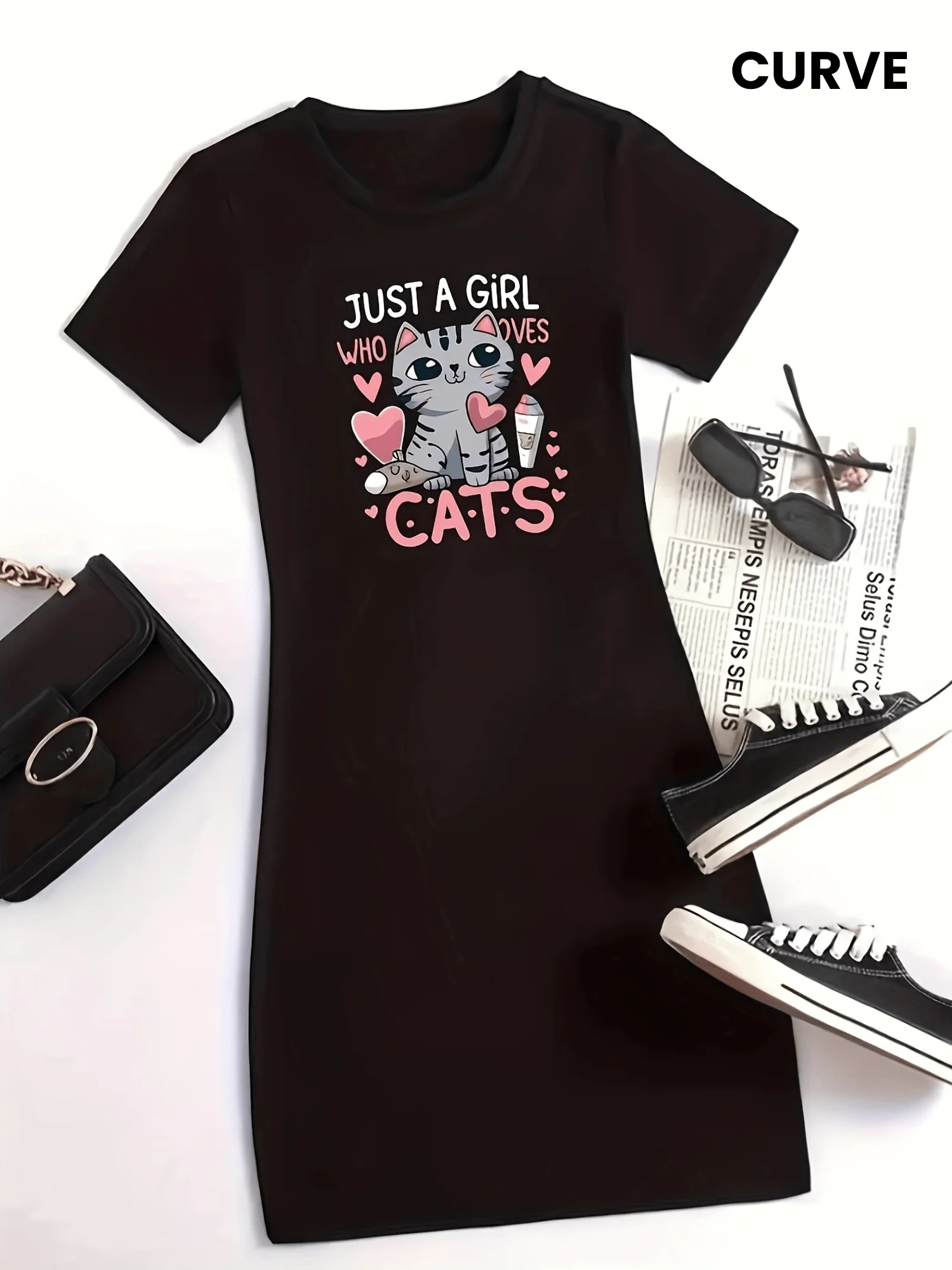 Letnia, urocza sukienka damska oversize z nadrukiem kreskówkowego kota, imitacja bawełny, wysokiej jakości, z krótkim rękawem, okrągły dekolt, piżama, odzież domowa.