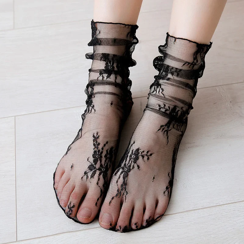 

Women Tulle Mesh Socks Black White Summer Lace Thin Floral Sweet Style Transparent Stacked Socks