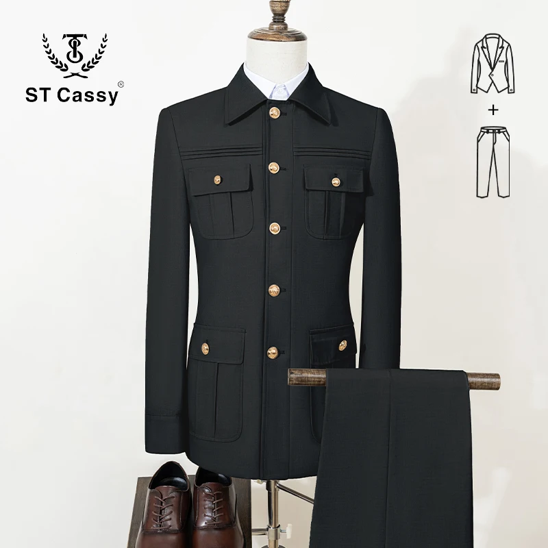 ST Cassy High Quality Safari Men's Suit Classic Fit Multi Buckle Multi Pocket Solid Color Casual Business Set Men's 2-Piece Set