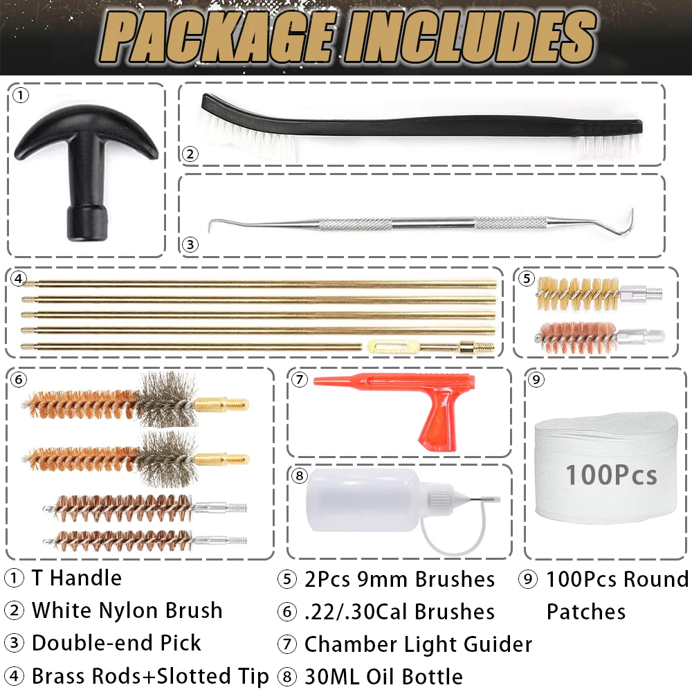 18Pcs/Set Gun Cleaning Kit - Includes Brass Brush, Nylon Brush, Stainless Steel Pick & Cleaning Patches, Fits .22/.30/.38Cal
