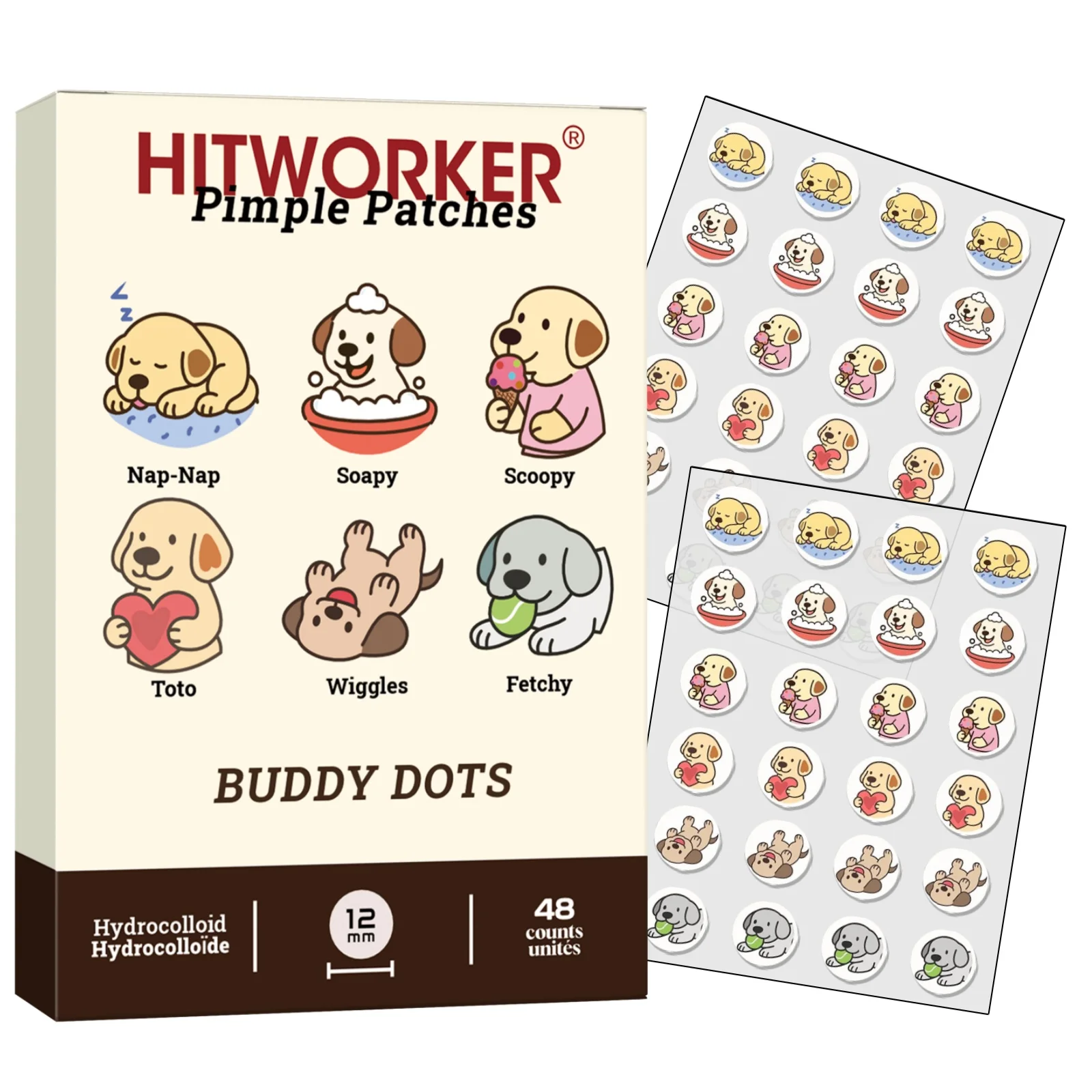 48PCS Cute Dog Hydrocolloid Pimple Patches for Face, 12mm Cartoon Puppy Blemish Cover Stickers, Facial Spot Patches