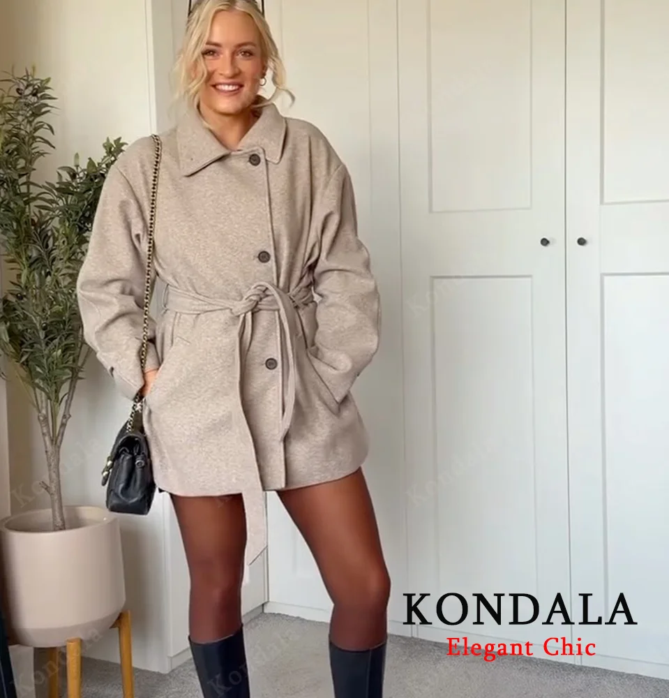 

KONDALA осень-зима женское дорожное пальто с пуговицами с поясом тонкое короткое пальто 2025 модное минималистское элегантное женское пальто повседневное пальто