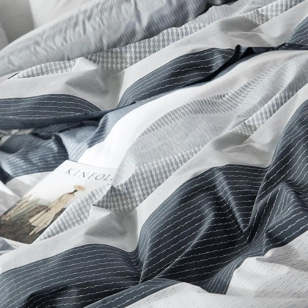 Queen Gray Stripe Comforter Set with Geometric Pattern for Men, Fluffy and All-Season, Includes 1 Comforter & 2 Shams