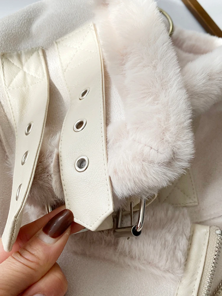 FTLZZ New Winter Thick Warm Faux Rabbit Fur Coat Women Faux Leather Suede Jacket Lady Zipper Lapel Loose Motorcycle Outwear