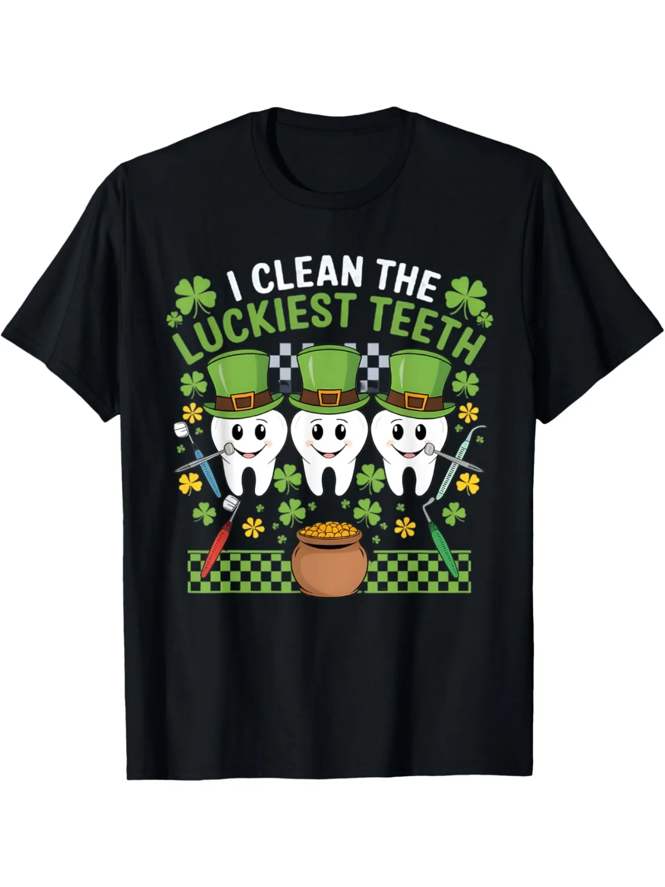 Funny Men's Black Graphic T-Shirt Lucky Teeth Clover Toothbrush Tooth Character Pot of Gold Green Hat Vintage Print 100% Cotton Heavyweight Short Sleeve Casual Streetwear Tee