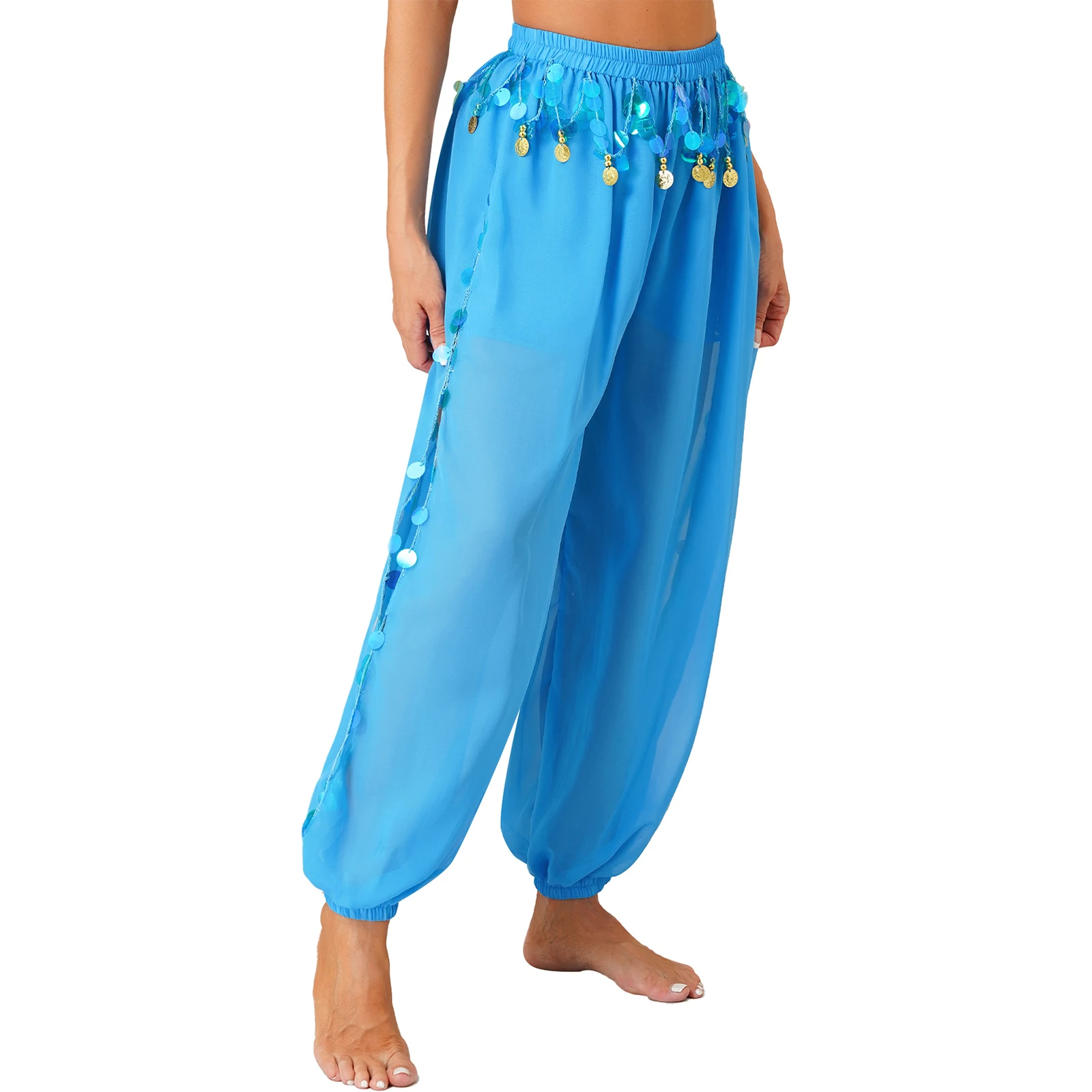 Womens Dancewear Belly Dance Stage Performance Costume Side Split Sequins Bloomers Semi See-Though Loose Pants