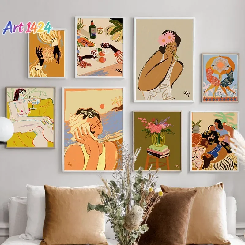 Retro Sea Girl Book Wine Lemon Party  Abstract Gallery Poster And Prints Wall Art Canvas Painting Pictures For Living Room De