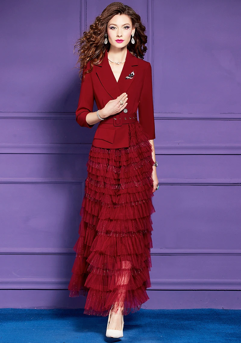 Zjyt babados em camadas de malha retalhos longos maxi vestidos para mulheres elegante manga três quartos vermelho formal vestido de festa