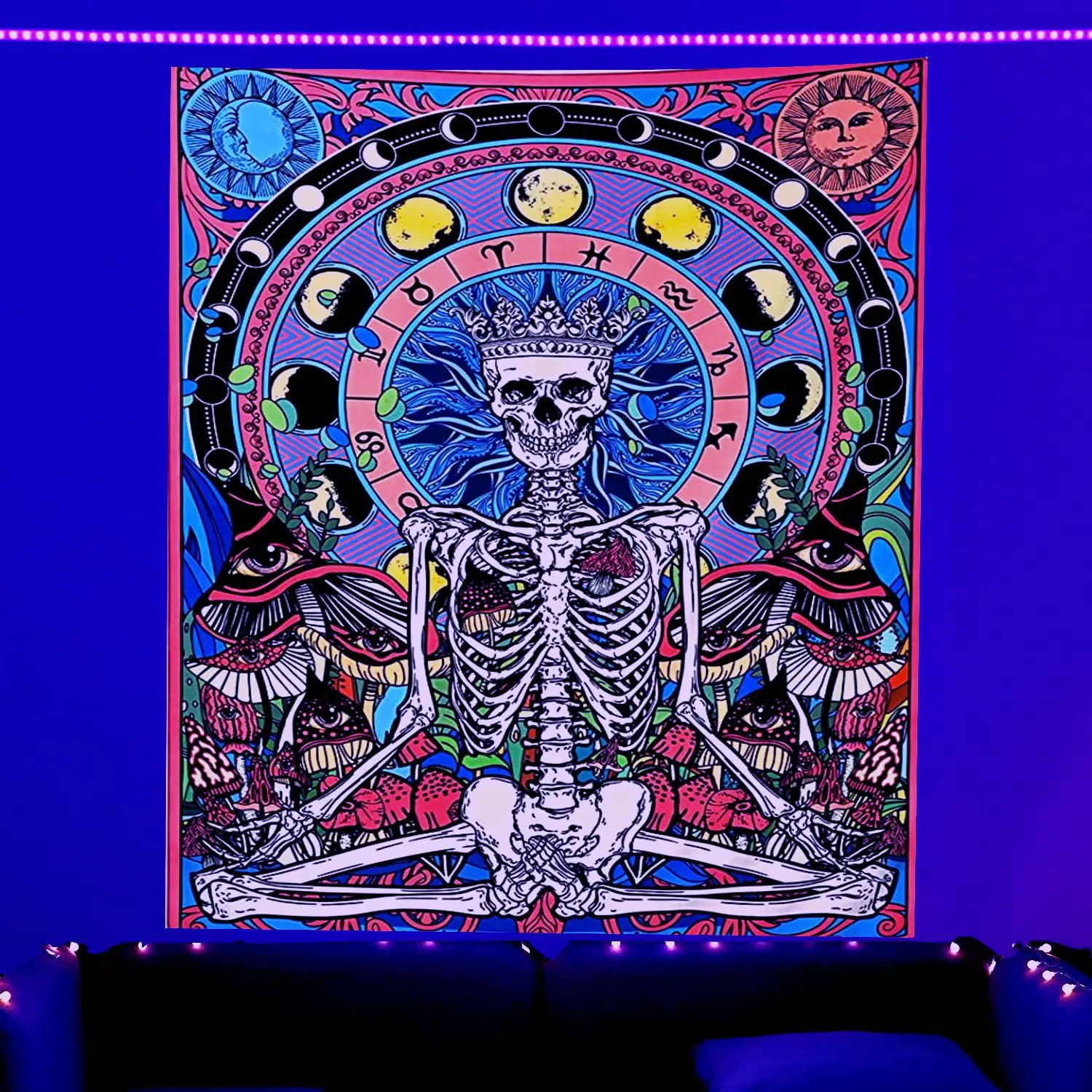 Moon Night Psychedelic Mushroom Purple UV Light Luminous Tapestry Wall Hanging Skull Butterfly Hippie Witchcraft Tapestries