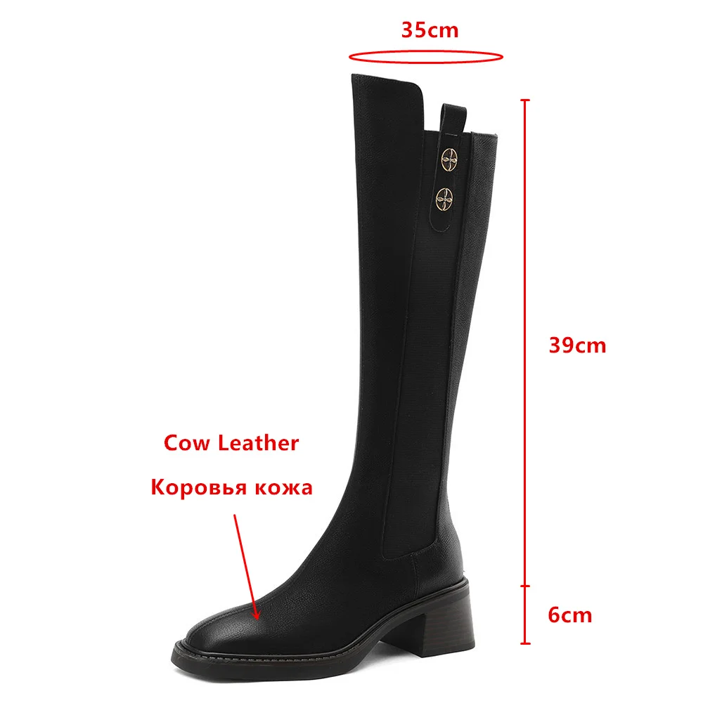 MILI-MIYA Fashion Thick Heels Women Cow Leather Knee High Boots Square Toe Slip On Solid Color Concise Style Handmade For Ladies