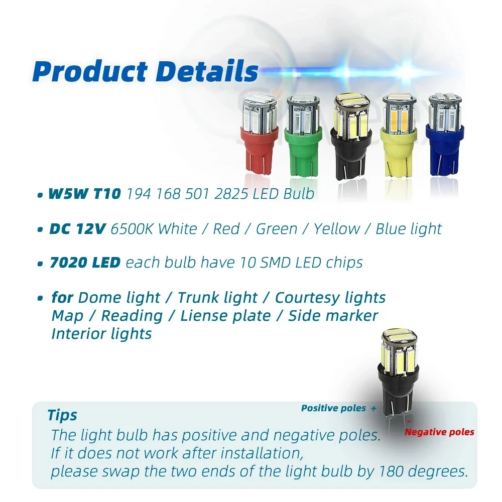 4Pcs/Lot W5W 10-7020 SMD Car T10 LED 194 168 Wedge Replacement Reverse Instrument Panel Lamp White Blue Bulb For Clearance Light