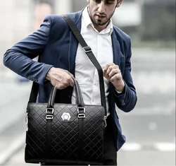 Maletín de negocios de cuero de alta calidad para hombres, bolsos de hombro con cremallera de celosía de diamantes, bolso de mano de gran capacidad, bolso de cuaderno, nueva moda