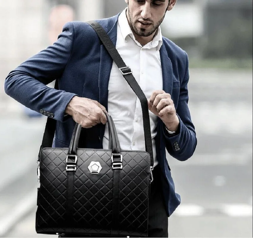 New Fashion Men High Quality Leather Business Briefcase Diamond Lattice Zipper Shoulder Bags Large Capacity Handbag Notebook Bag