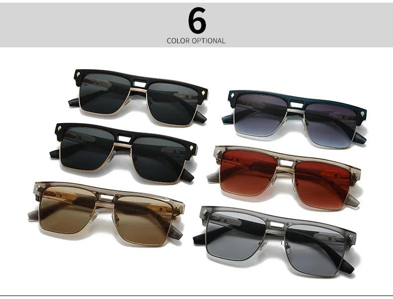 SHAUNA Übergroße Halbrahmen-Sonnenbrille mit Doppelbrücke, Retro-Herren-Quadrat-Sonnenbrille, Modische Luxus-Damen-Sonnenbrille mit Nieten, Trendige UV400-Schutzgläser – Detail 2