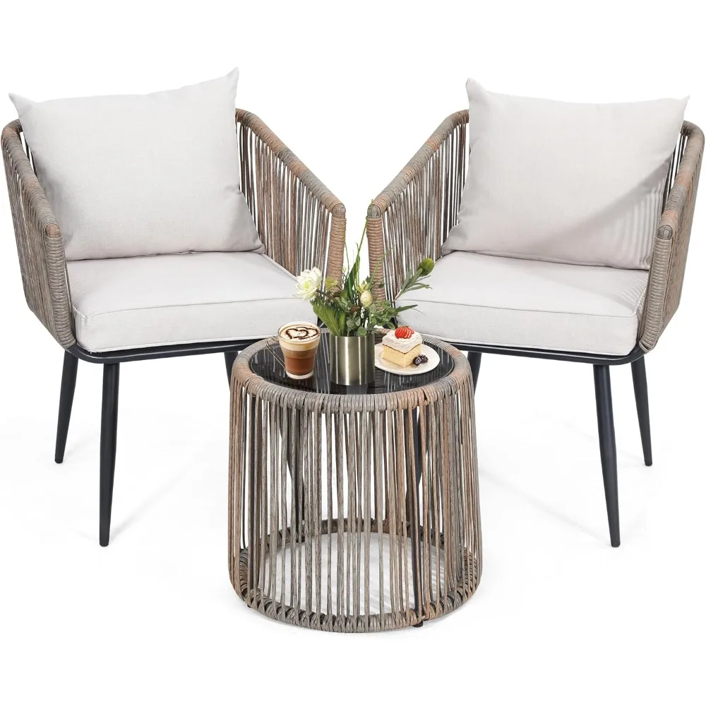 3 Piece Bistro Set, Modern Outdoor Wicker Patio Furniture with Tempered Glass Tabletop and 2 Chairs