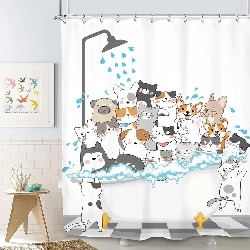 Funny Cat and Dog Shower Curtain Kids Cartoon Cute Pet Animals Bathtub Rain Shower Curtains Polyester Bathroom Decor with Hooks