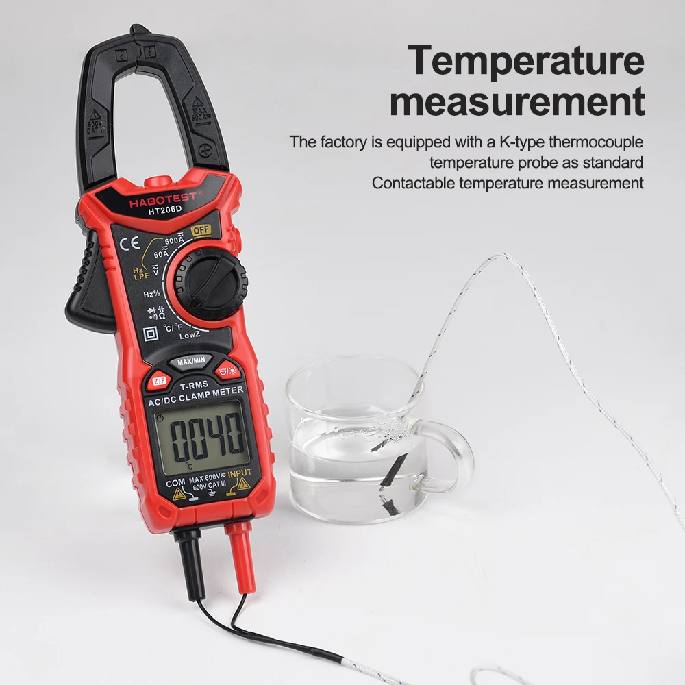 HT206D/HT208D Digital Clamp Meter AC DC Current Two-color Backlight True RMS Capacitance Temperature NCV Voltage Tester