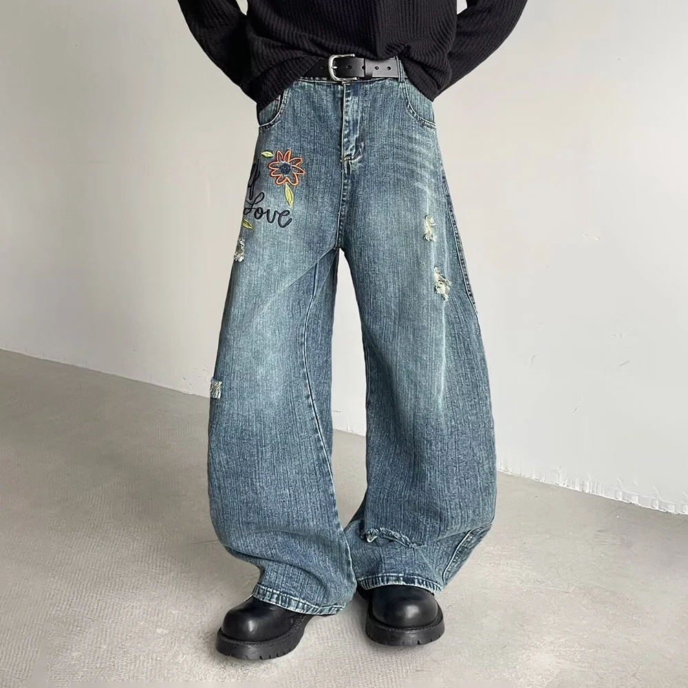 

Summer Men's Y2k Embroidered Denim Trousers American Retro Fashion Trend Street Hip-Hop Loose Breathable Niche Men's Bottoms
