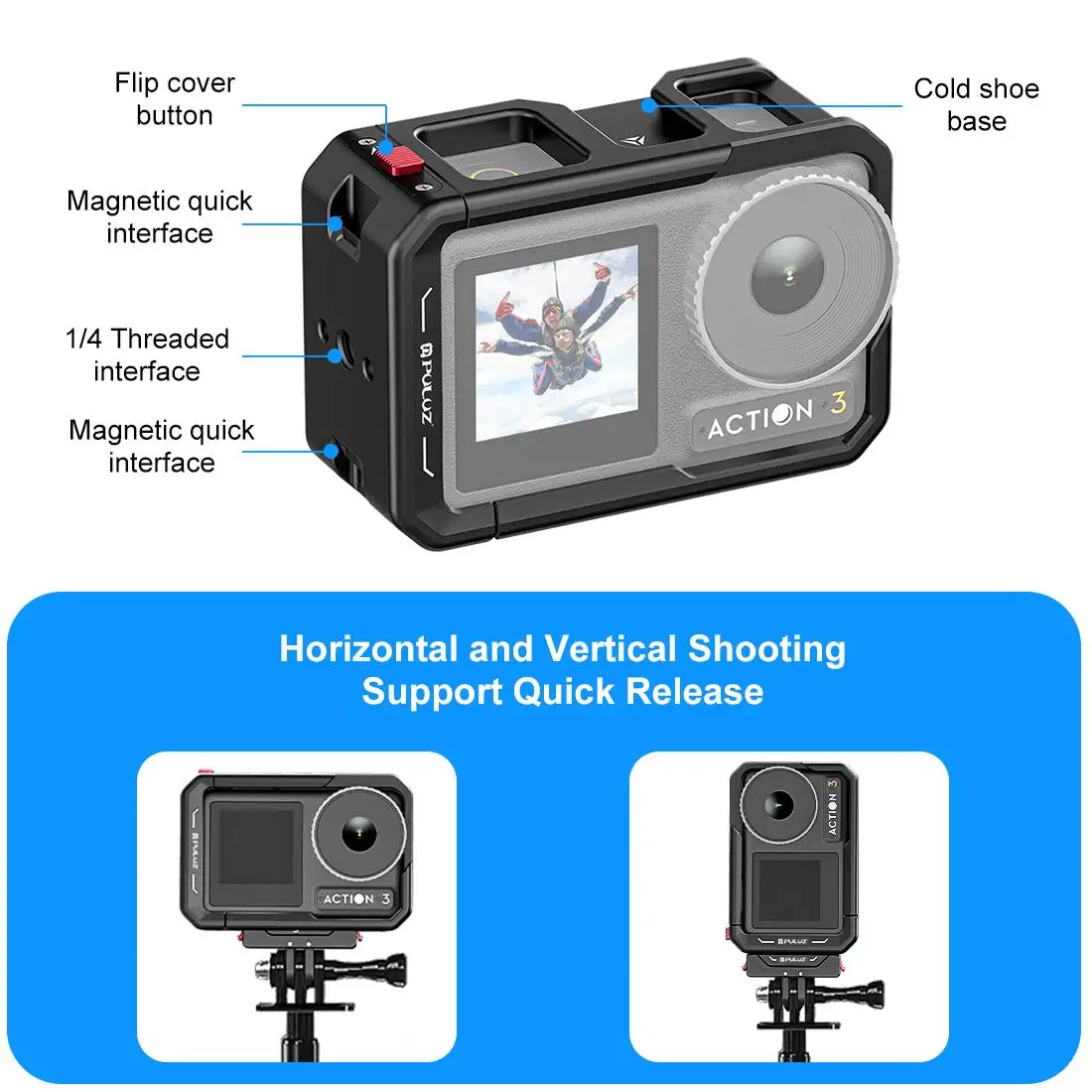 For DJI Osmo Action 5 Pro / 4 / 3 PULUZ All-inclusive Aluminum Alloy Cage Expansion Adapter Frame with Lens Cover