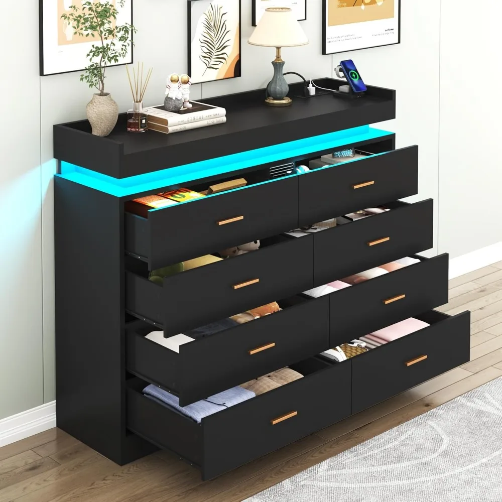 Bedroom Dresser with LED Light & Charging Station, 8 Wide Drawer Organizer Cabinet, for Living Room, Entryway, Hallway, Dresser