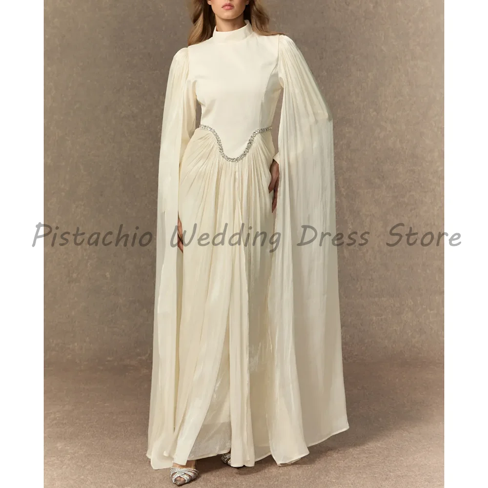 

Elegant Ivory High Neck Cape Sleeve Beaded Waist Maxi Evening Dress For Women 2026 Formal Party Gown Prom Wedding Guest Dress