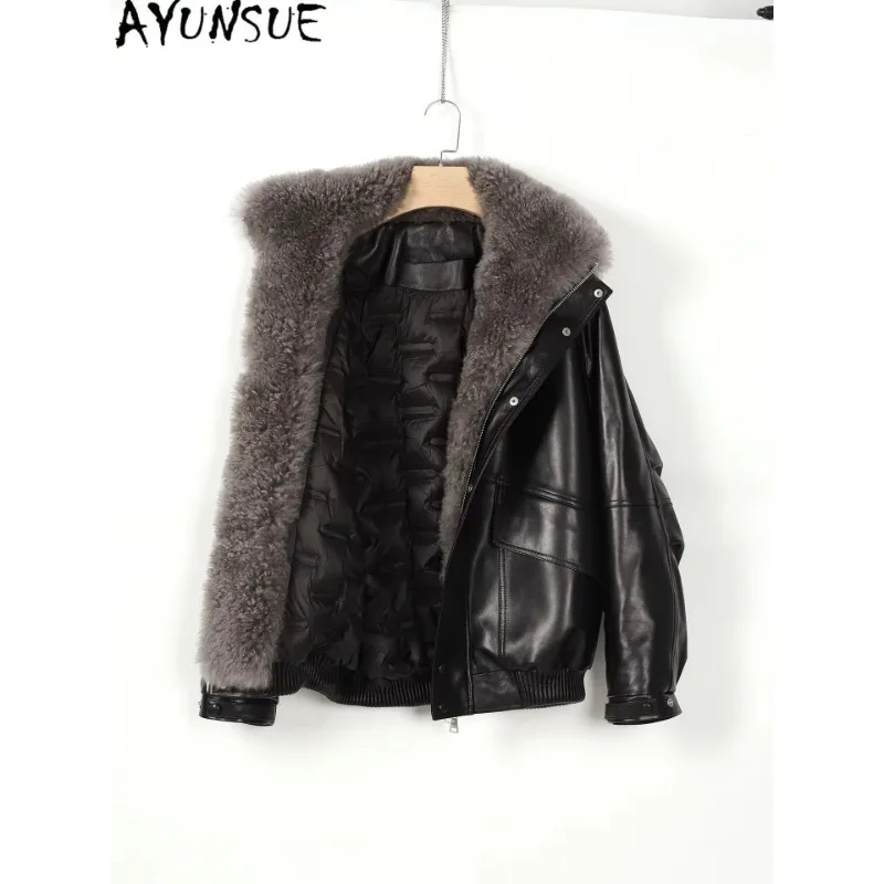 AYUNSUE Natural Sheepskin Real Leather Jacket Women 90% White Goose Down Coats Woman Autumn Winter Clothes Cashmere Collar New