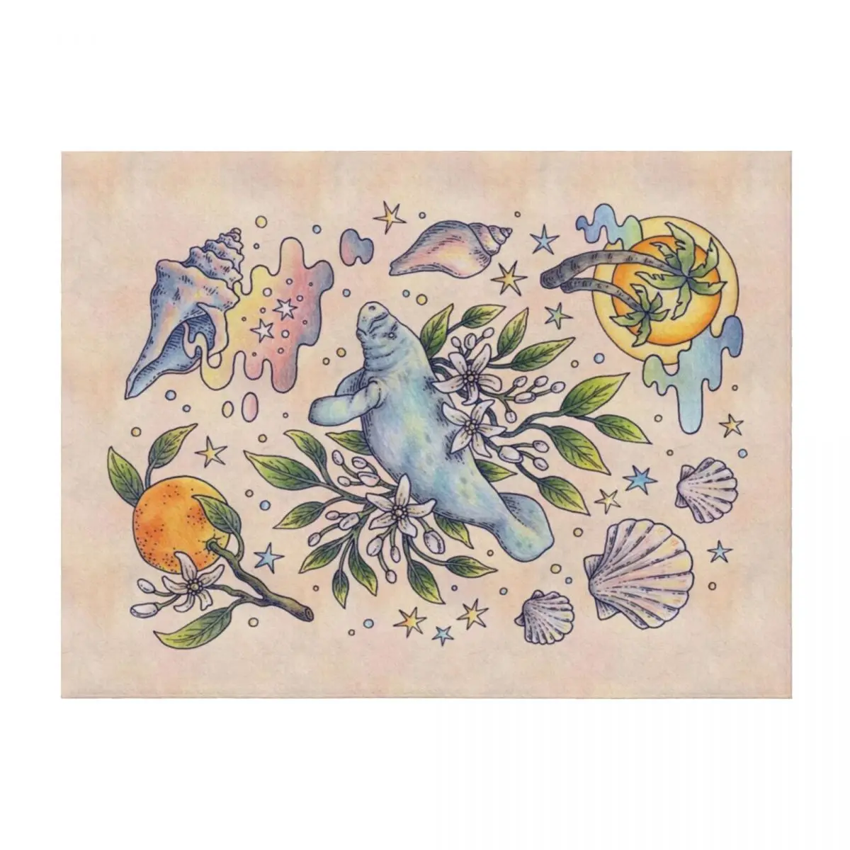 

Orange Blossom Manatee Ocean Tropical Art Throw Blanket Weighted anime Large Plush Blankets
