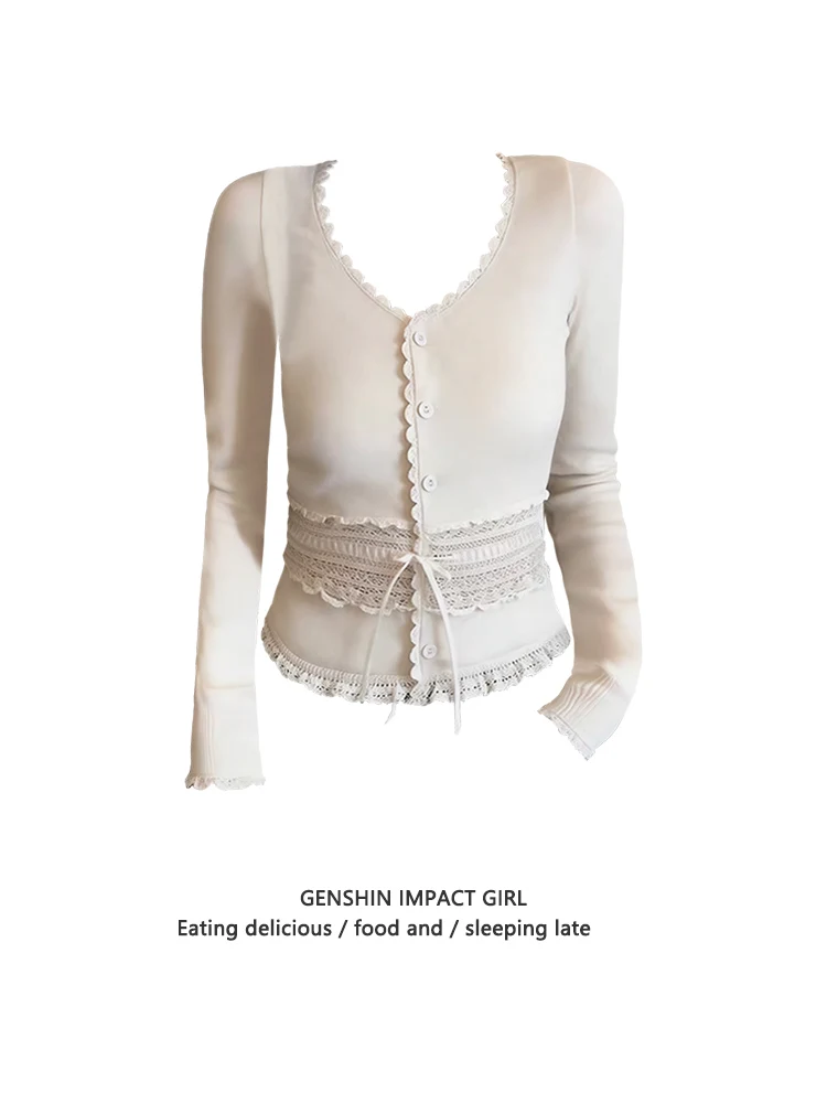 Korean Style U-Neck Lace Long Sleeve T-Shirt Women's Early Spring Slimming Rope Hollow out Design Unique Top Ladies Fashion