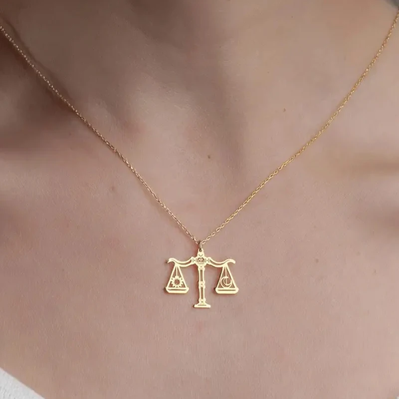 Fashion Silver Plated Sun Moon Scales of Justice Clavicle Chain Statement Necklace Libra Birthday Gift Jewelry September October