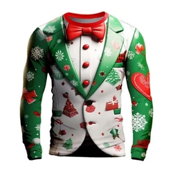 Christmas Series Simulated Suit T-shirt 3D Fun Harajuku Printed Men Personality Long Sleeve Round Neck Hip Hop Fashion Party Top