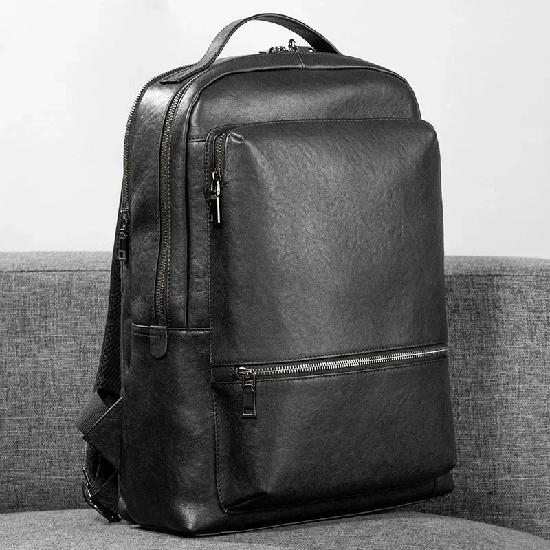 New Brand Genuine Leather Men Backpack Fashion Real Natural Leather Student Backpack Boy Luxury 15.6 Inch Computer Laptop Bag