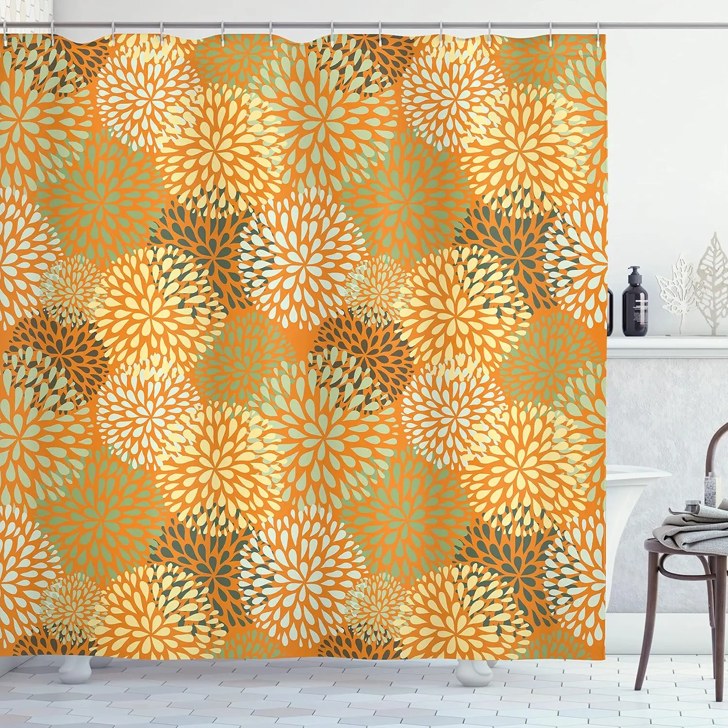 

Orange Floral Pattern Shower Curtain Abstract Flowers Modern Bathroom Decor Linen180x210