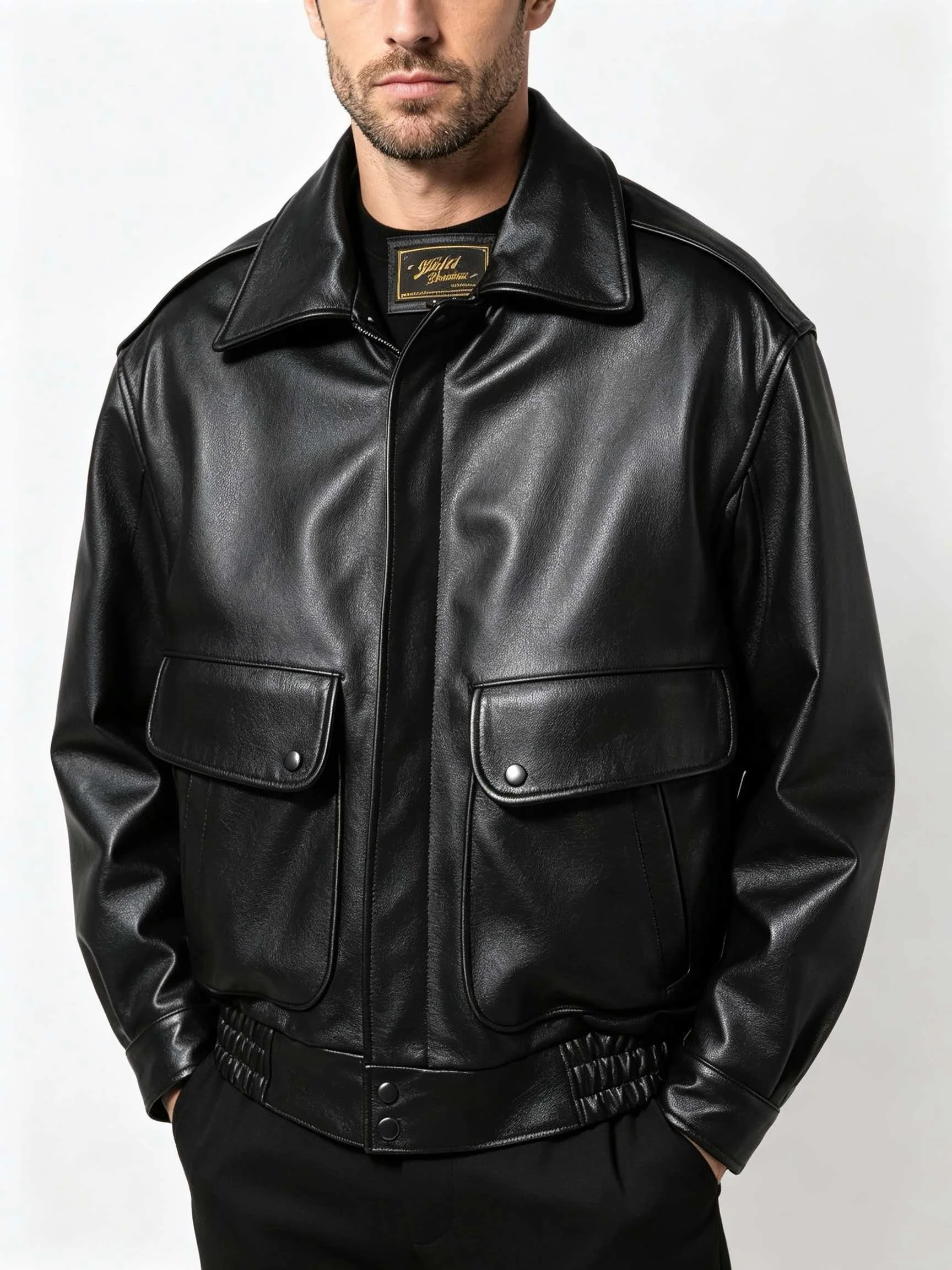 Black Men's Genuine Cowhide Leather Jacket Black Pebbled A-1 Deck Jacket Big Flap Pockets Epaulettes Snap Front Wide Fit Coat