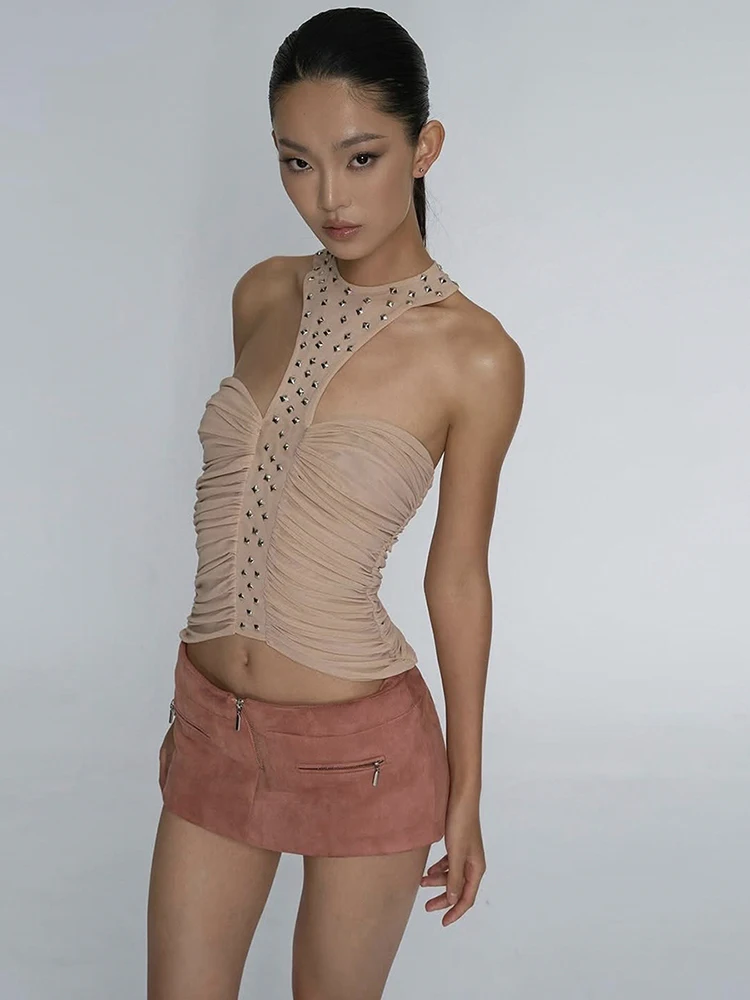 

Женская майка-топ Sisterlinda Rivet: сексуальный укороченный топ с открытой спиной, асимметричным кроем, драпировкой и пэчворком в стиле панк, облегающий, стрейч, для уличной моды