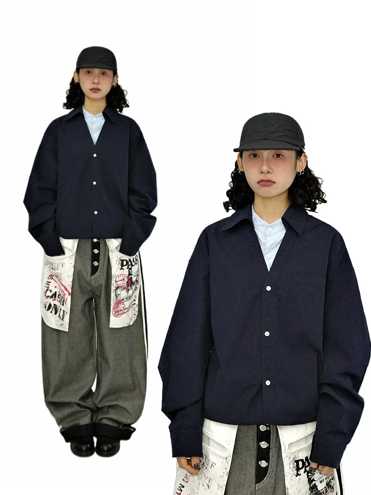 

GuluOh Lazy Style Long Sleeve Shirt Loose Fit Color Block Design Couple's Spring Fashion Casual Cotton Business Shirt