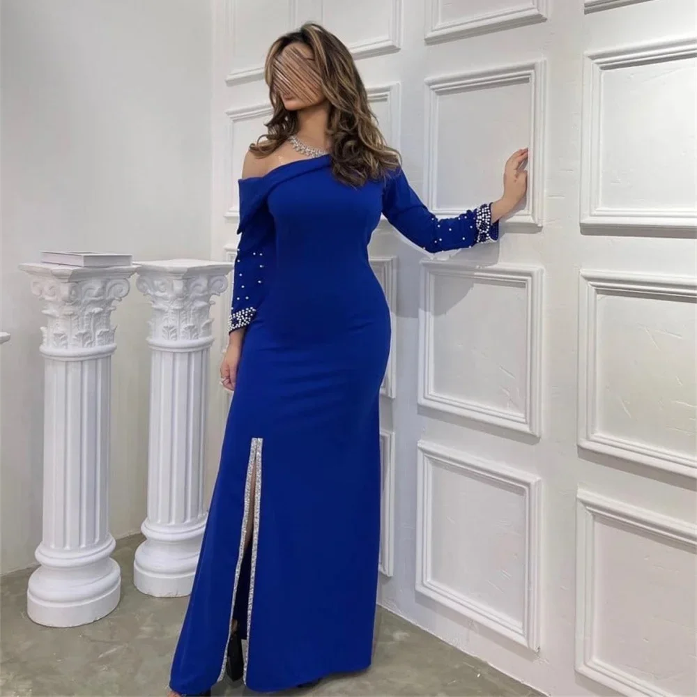 

Dora New Luxury Beading One Shoulder Full Sleeve Mermaid Long Evening Dress High Side Slit Floor Length Prom Gown For Woman