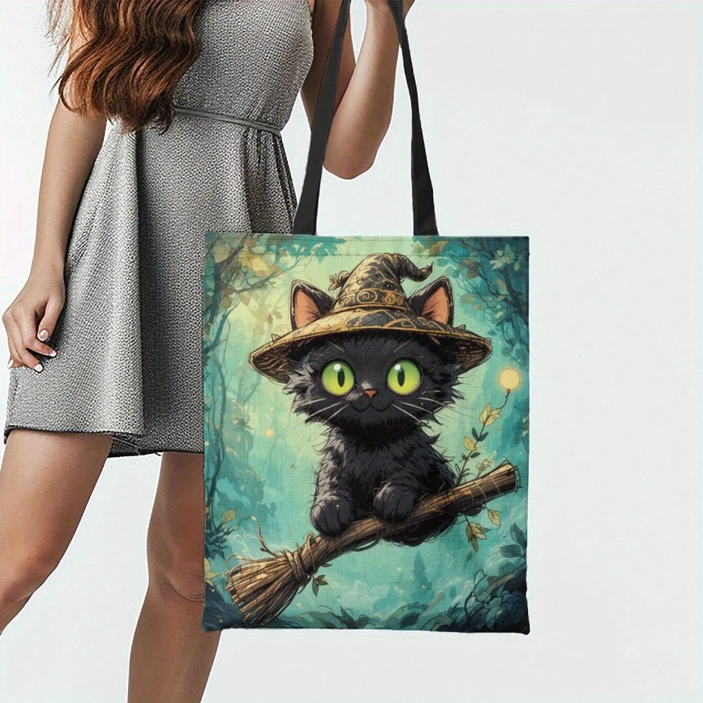 1pc Halloween Witch Cat Tote Bag  Reusable Grocery Handbag with Witch Hat Polyester Shopping Holiday Festivities Shoulder Bag