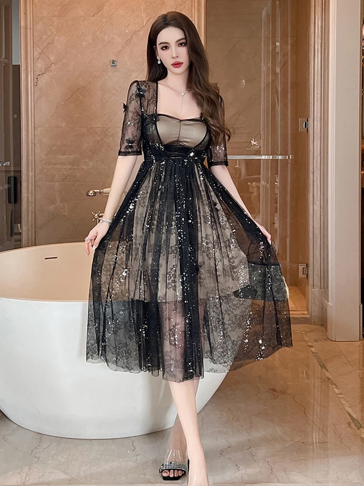 Letnia długa suknia wieczorowa damska elegancka ładna błyszcząca cekinowa z głębokim dekoltem dopasowana midi na przyjęcie dla gościa sukienka damska Vestidos Fiesta