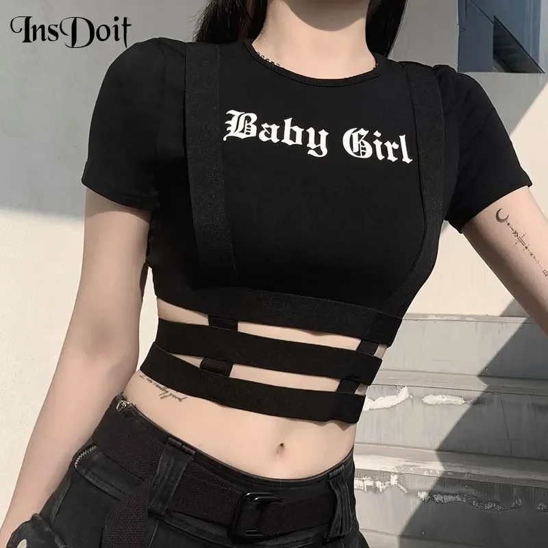 Insdoit Harajuku streetwear cargo black T shirt punk goth sexy hollow out short sleeve cropped tops women letter print tshirt js