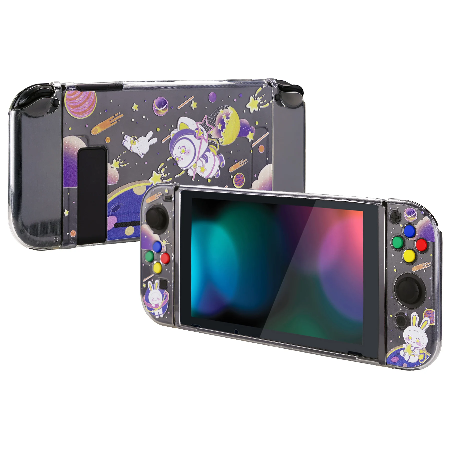 PlayVital Transparent Soft TPU Slim Protective Shell for Nintendo Switch with ABXY Direction Button Caps - Space Cat Adventure image 2